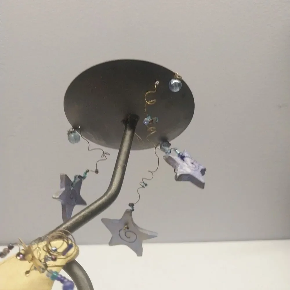 Handmade Celestial Moon Star Pillar Candle Holder Beaded Metal Wood Art 8.5